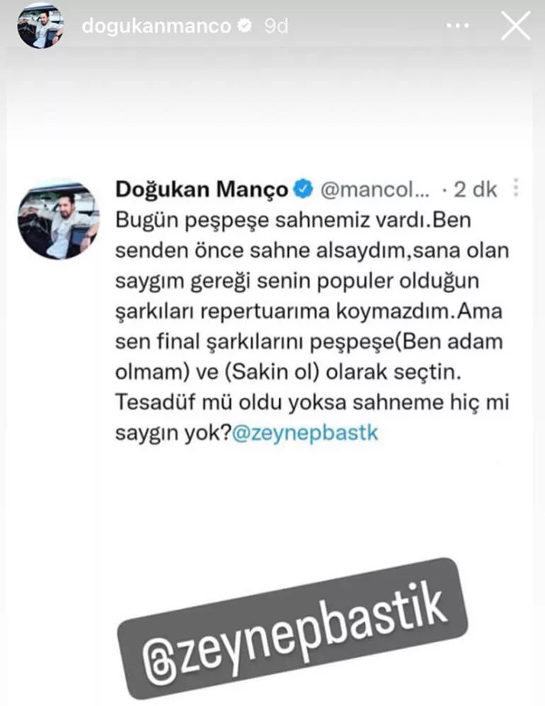 dogukan manco dan zeynep bastik a sahne tepkisi 